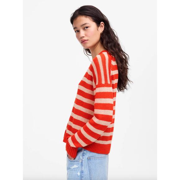 Madewell Linen Drop Shoulder Sweater Bright Flame Striped Nautical Small - Picture 2 of 14